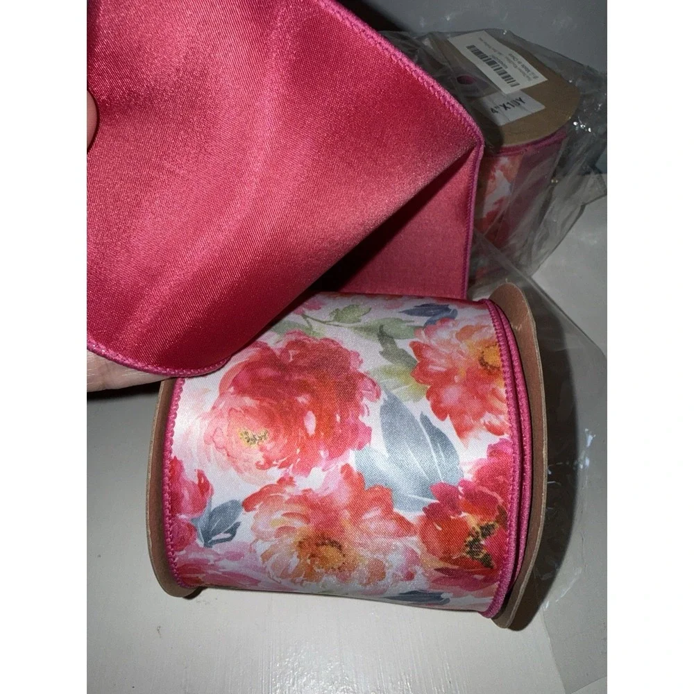 3 Floral Patterned Wired Roll 4 Inch x 10 Yards, Pink Wedding Shower Bridgerton‎